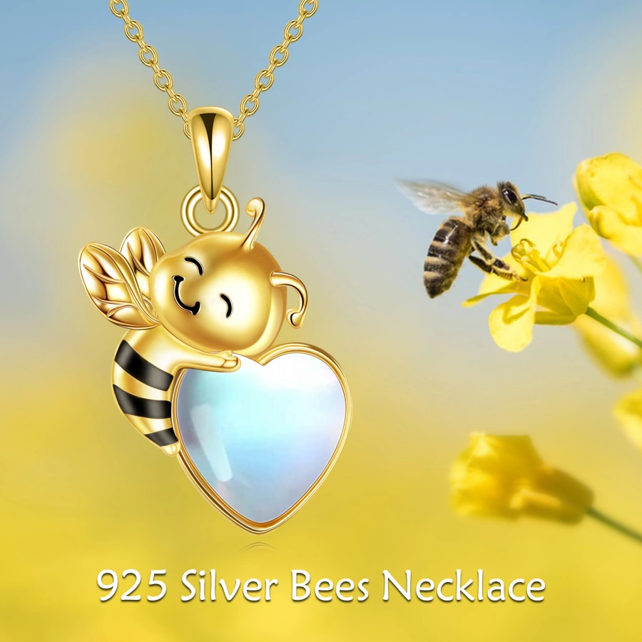 10K Gold Moonstone Bee & Heart Necklace for Women-5