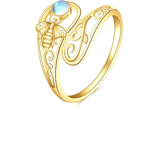 14K Gold Moonstone Bee Open Ring