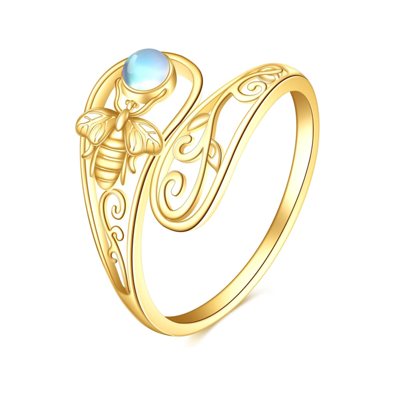 14K Gold Moonstone Bee Open Ring for Women-1