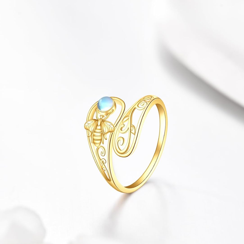 Bague ouverte en or 14 carats avec pierre de lune et abeille pour femme-3