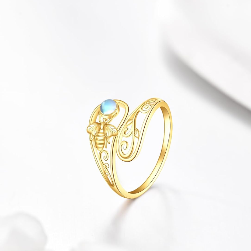 14K Gold Moonstone Bee Open Ring for Women-3