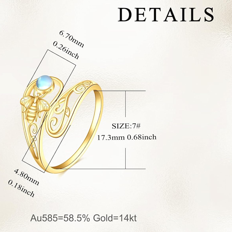 Bague ouverte en or 14 carats avec pierre de lune et abeille pour femme-4