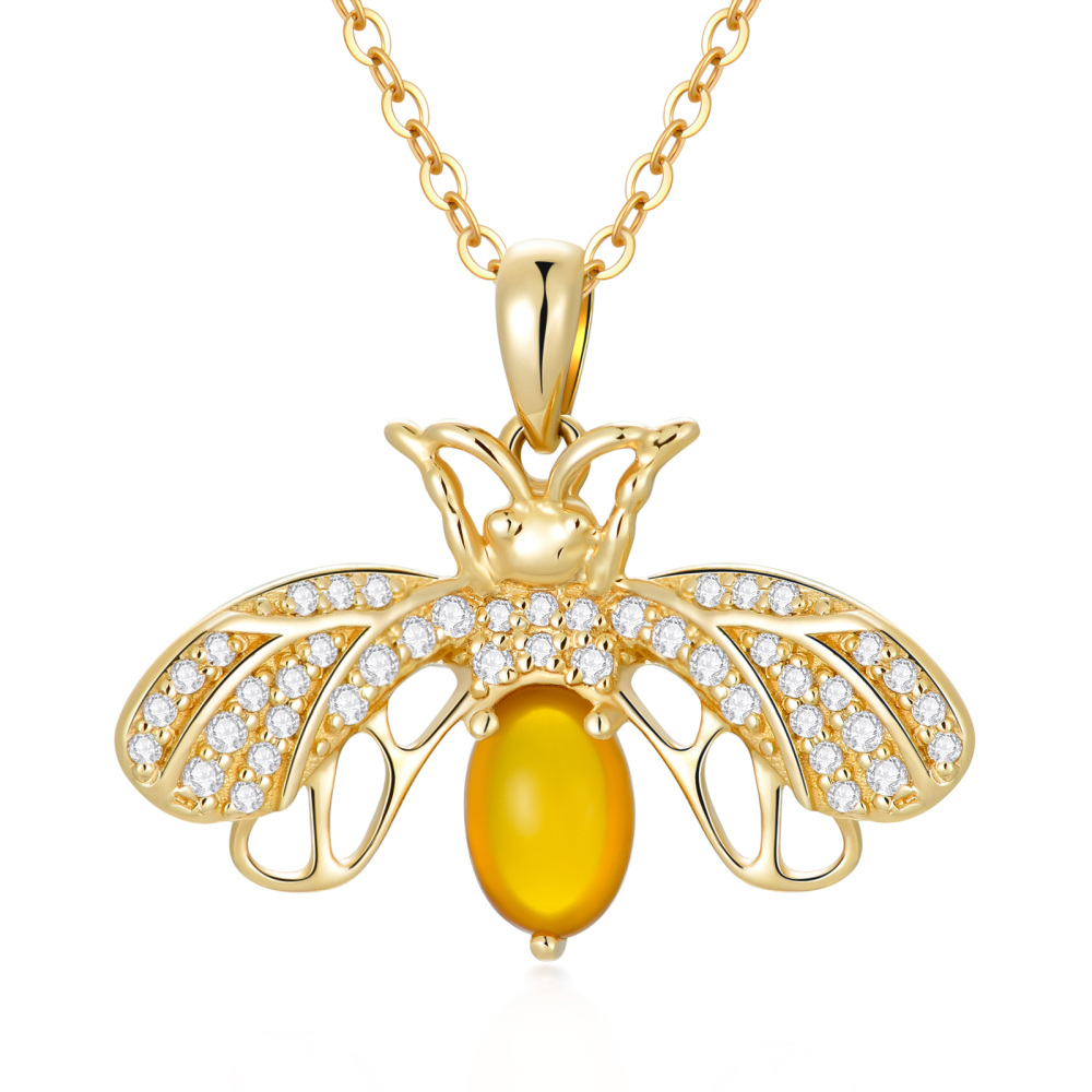 10K Gold Cubic Zirconia & Moonstone Bee Pendant Necklace-1