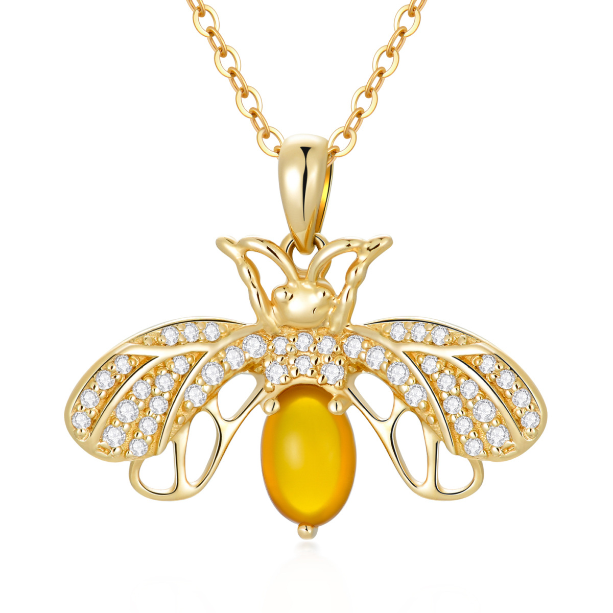 14K Gold Cubic Zirconia & Moonstone Bee Pendant Necklace-1