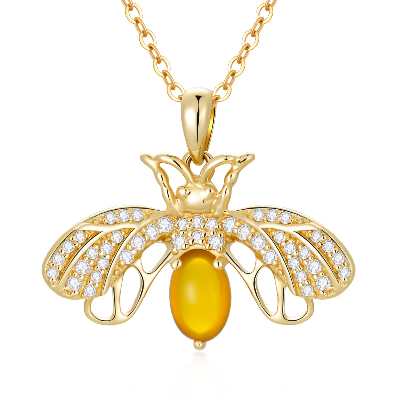 10K Gold Cubic Zirconia & Moonstone Bee Pendant Necklace-16