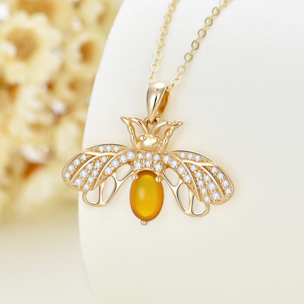 10K Gold Cubic Zirconia & Moonstone Bee Pendant Necklace-3