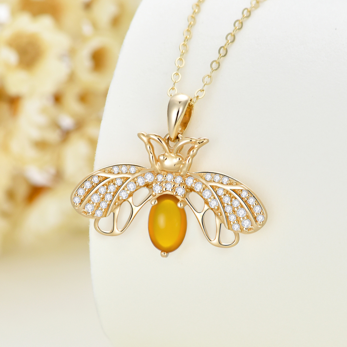 14K Gold Cubic Zirconia & Moonstone Bee Pendant Necklace-3