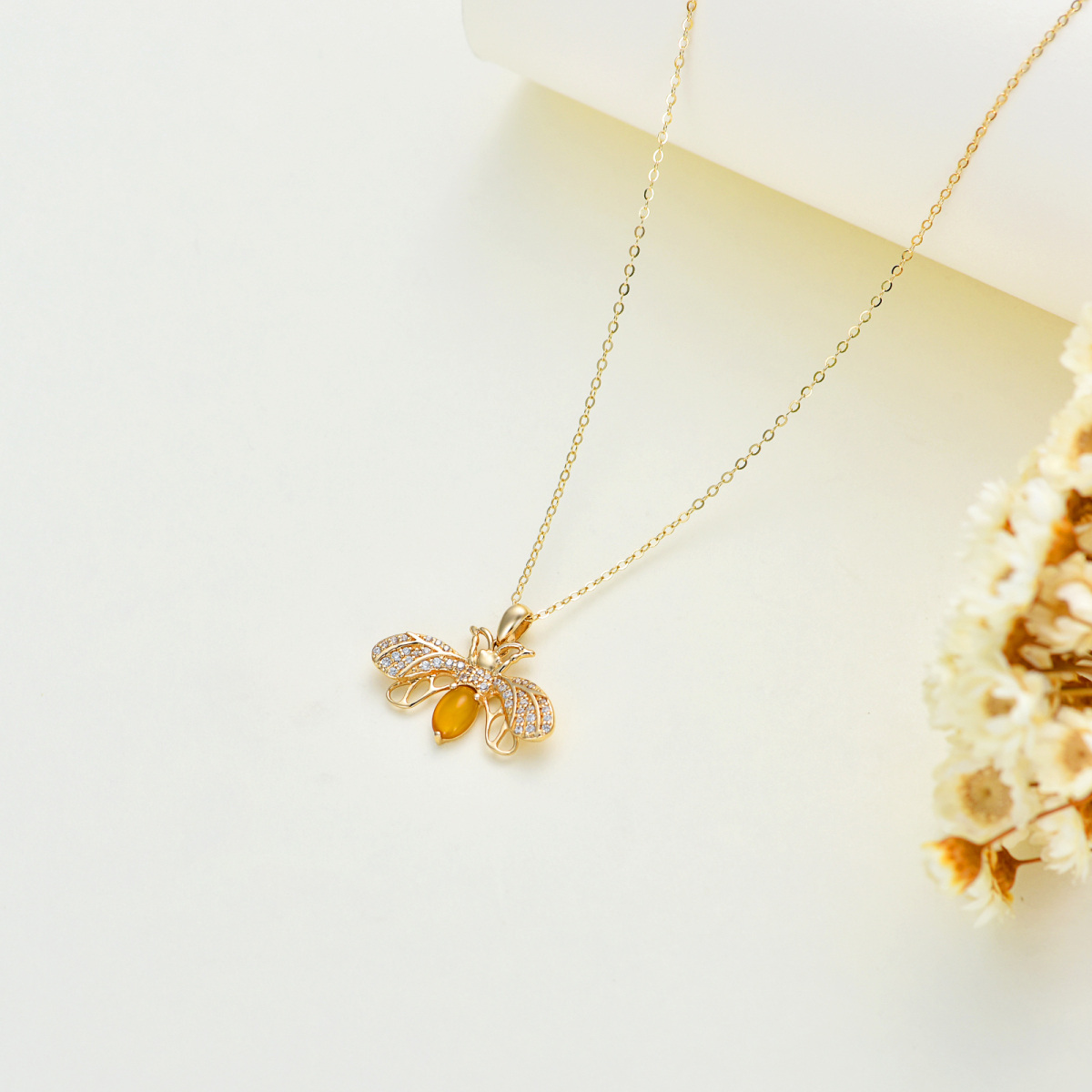 14K Gold Cubic Zirconia & Moonstone Bee Pendant Necklace-4