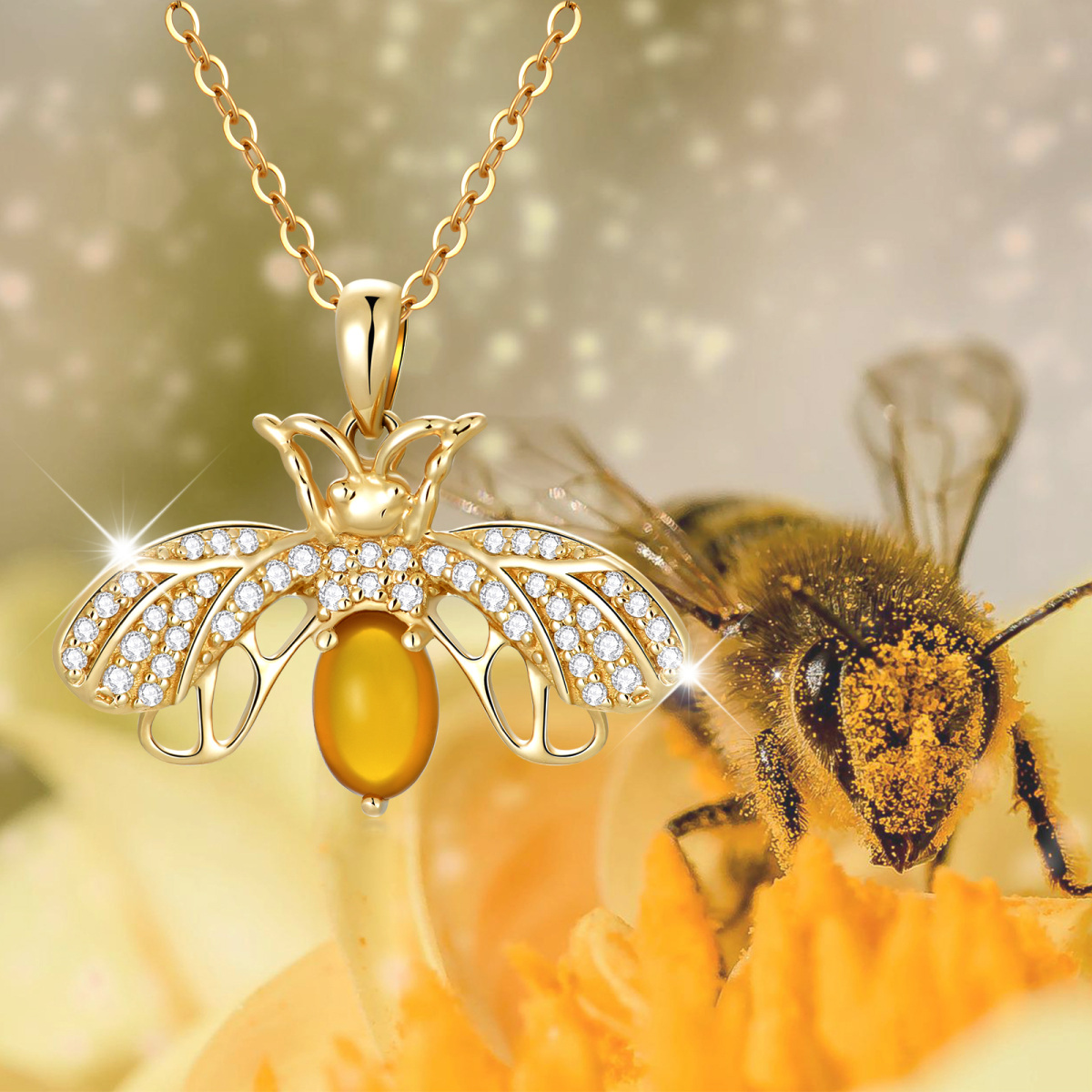 14K Gold Cubic Zirconia & Moonstone Bee Pendant Necklace-6