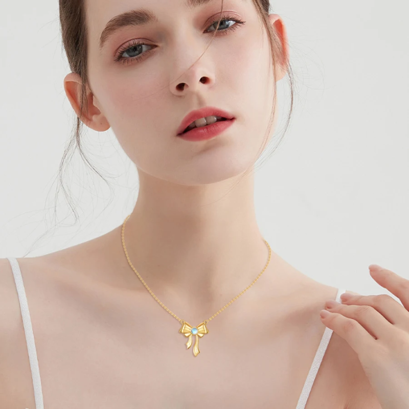 10K Gold Moonstone Bow Pendant Necklace-2