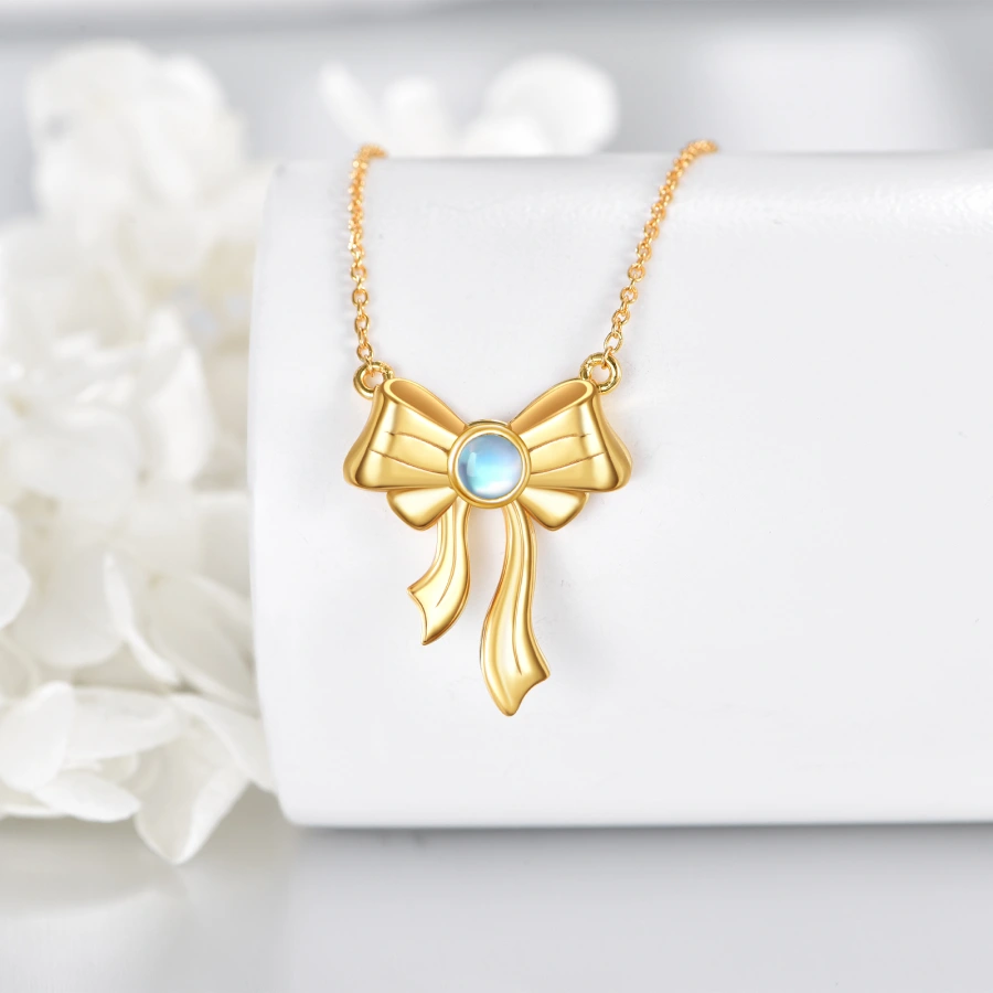 14K Gold Moonstone Bow Pendant Necklace-3