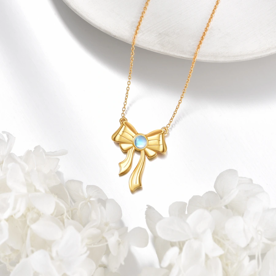 14K Gold Moonstone Bow Pendant Necklace-4