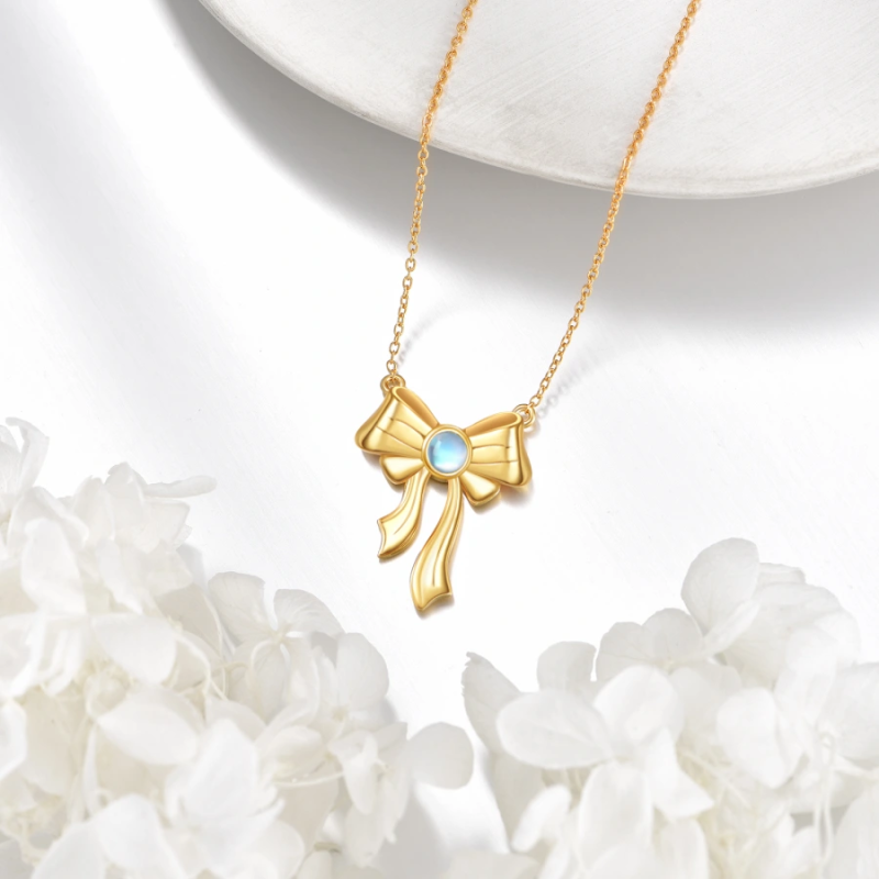 10K Gold Moonstone Bow Pendant Necklace-4
