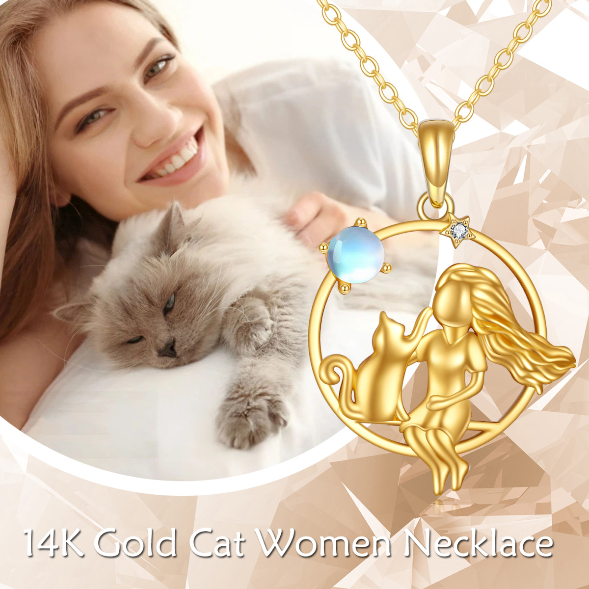 Collar con colgante de CatGirl y piedra lunar en oro de 14 quilates-6