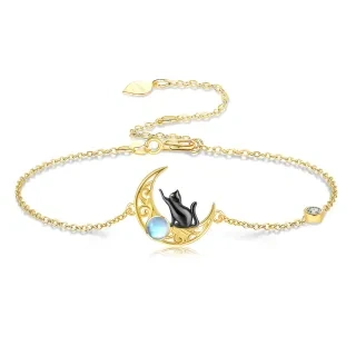 10K Gold Moonstone Cat & Moon Charm Bracelet-15