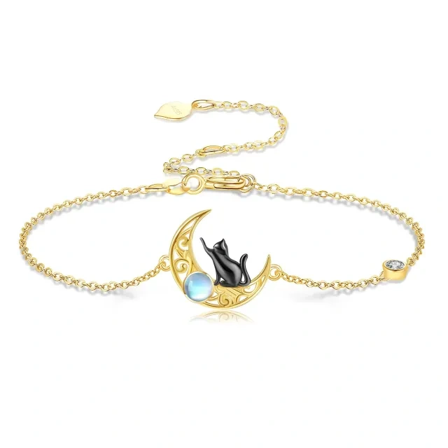 Pulseira com pingente de gato e lua em pedra da lua em ouro 14K