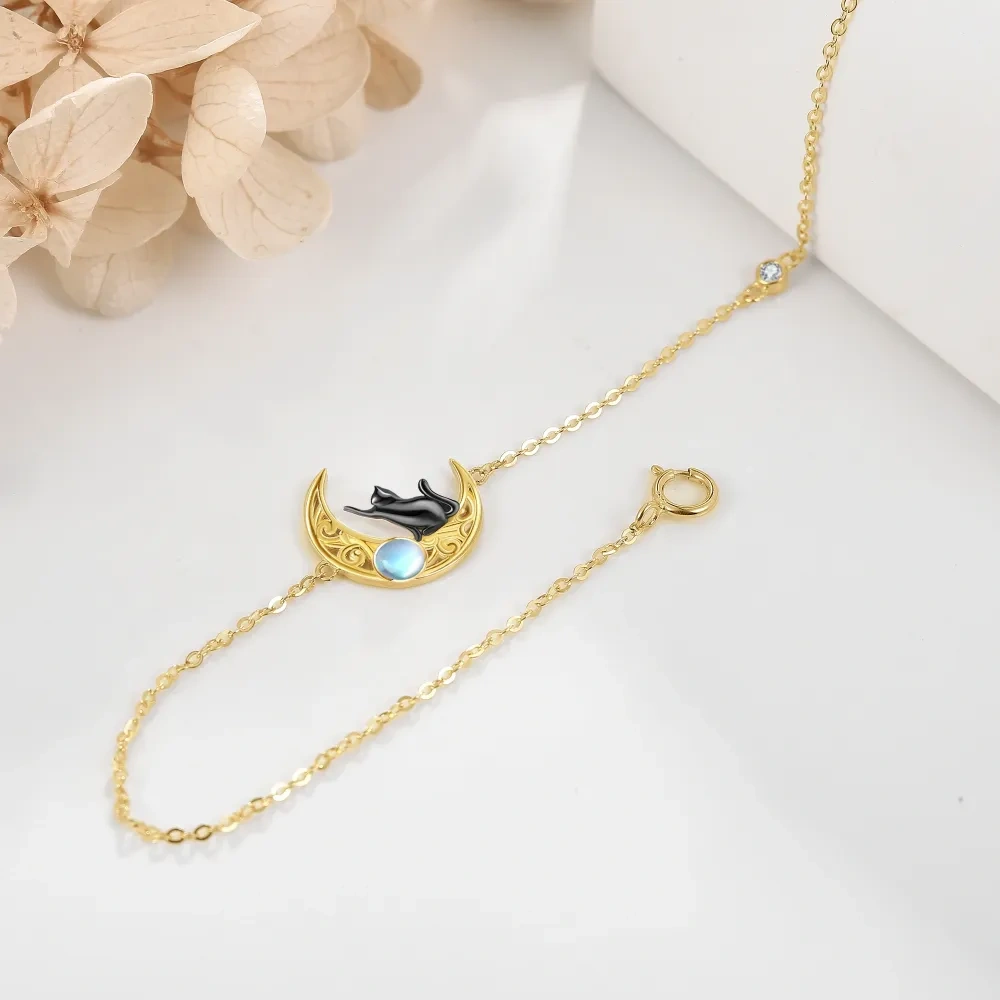 Bracelet avec pendentif chat et lune en or 10K-4