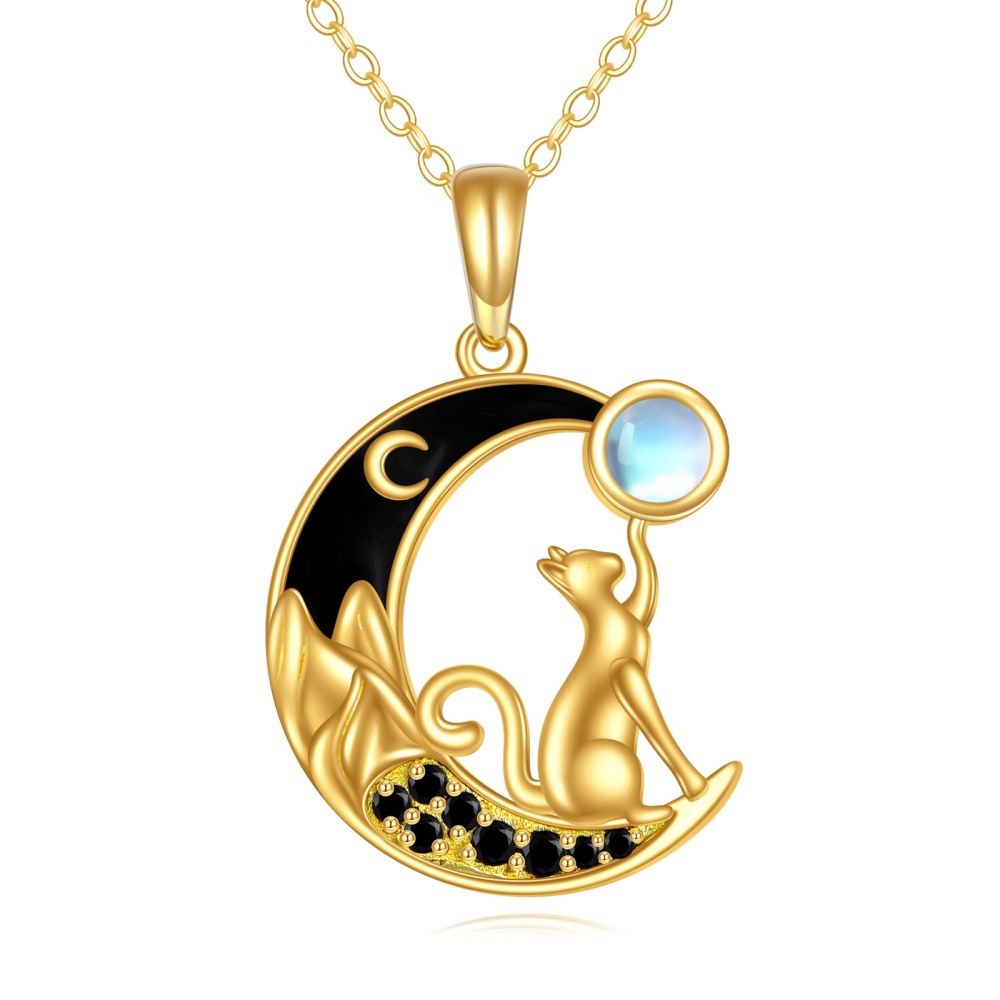 10K Gold Cubic Zirconia & Moonstone Cat & Moon Pendant Necklace-1