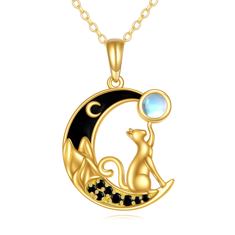 10K Gold Cubic Zirconia & Moonstone Cat & Moon Pendant Necklace-20
