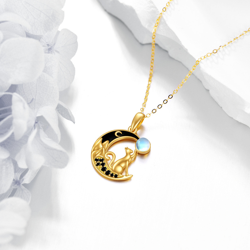 10K Gold Cubic Zirconia & Moonstone Cat & Moon Pendant Necklace-3