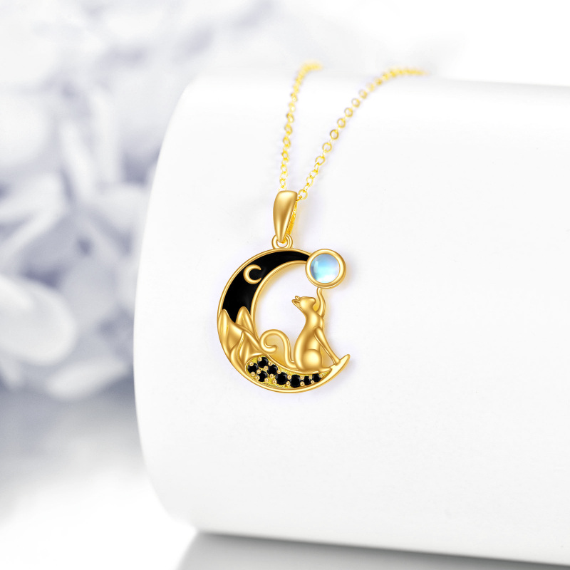 10K Gold Cubic Zirconia & Moonstone Cat & Moon Pendant Necklace-4