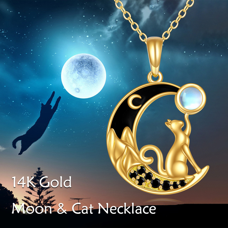 10K Gold Cubic Zirconia & Moonstone Cat & Moon Pendant Necklace-5
