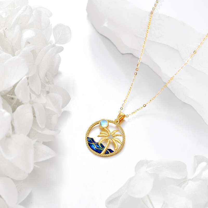 10K Gold Moonstone Coconut Tree & Moon & Spray Pendant Necklace-3