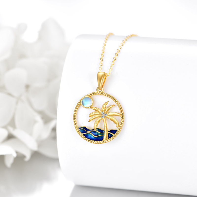 10K Gold Moonstone Coconut Tree & Moon & Spray Pendant Necklace-4