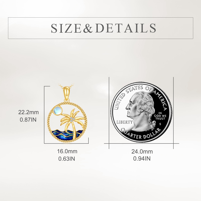 10K Gold Moonstone Coconut Tree & Moon & Spray Pendant Necklace-5