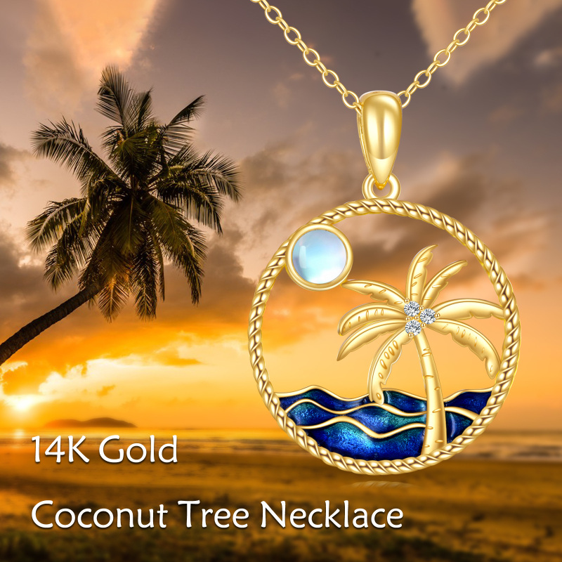 10K Gold Moonstone Coconut Tree & Moon & Spray Pendant Necklace-6