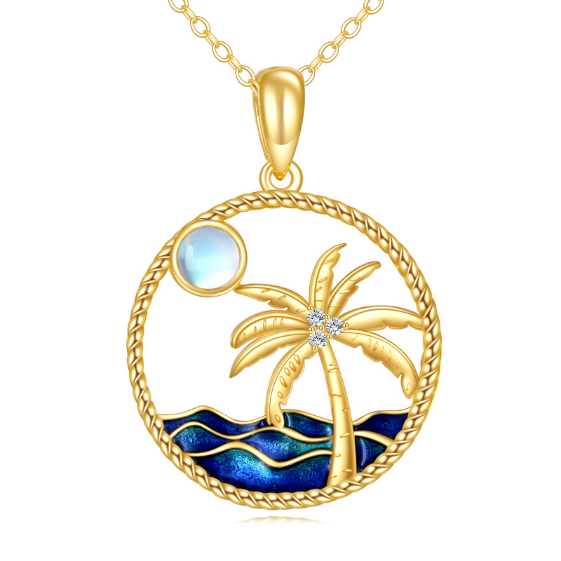 10K Gold Moonstone Coconut Tree & Moon & Spray Pendant Necklace-9