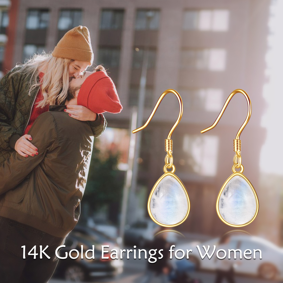 14K Gold Moonstone Drop Shape Drop Earrings-6