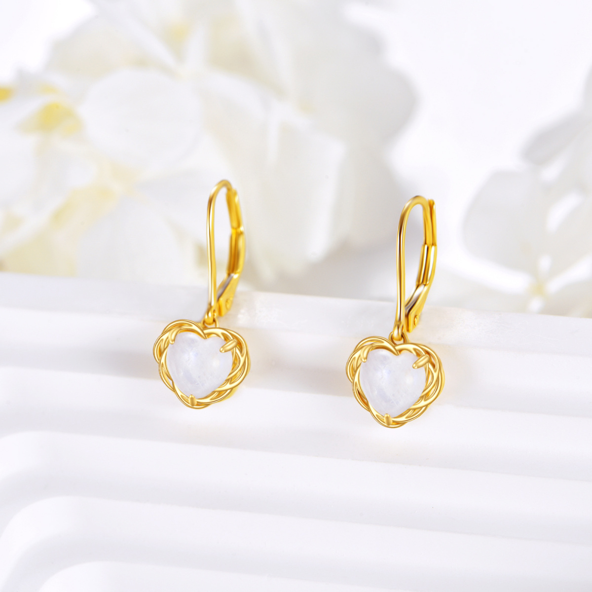 10K Gold Moonstone Heart Drop Earrings-4