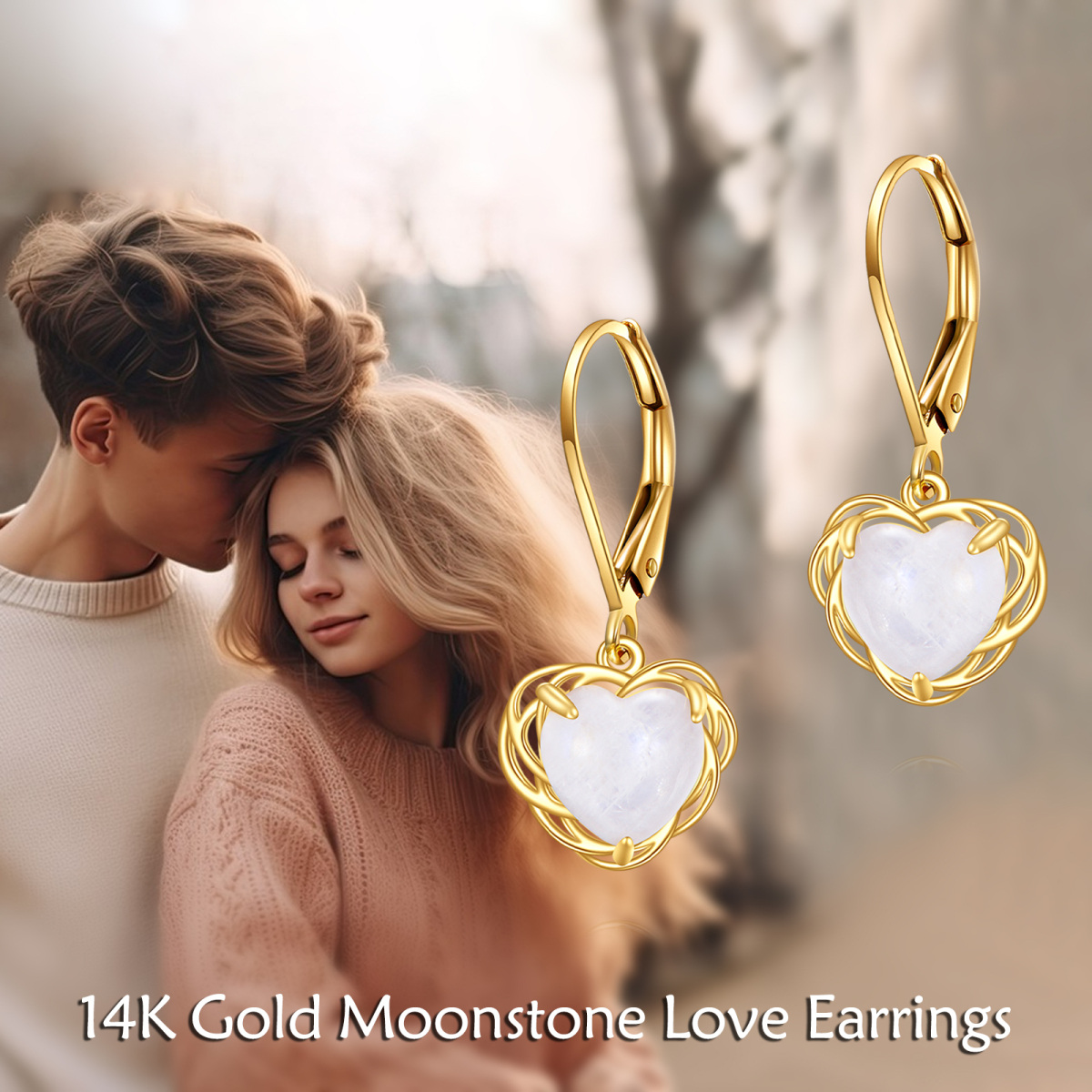 10K Gold Moonstone Heart Drop Earrings-6