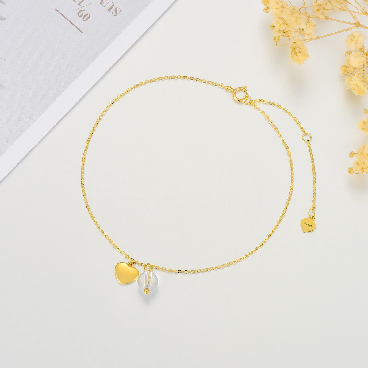 Bracelet de cheville en or 14 carats avec pierre de lune en forme de cœur, breloque simple couche, cadeau d'anniversaire pour femme-3
