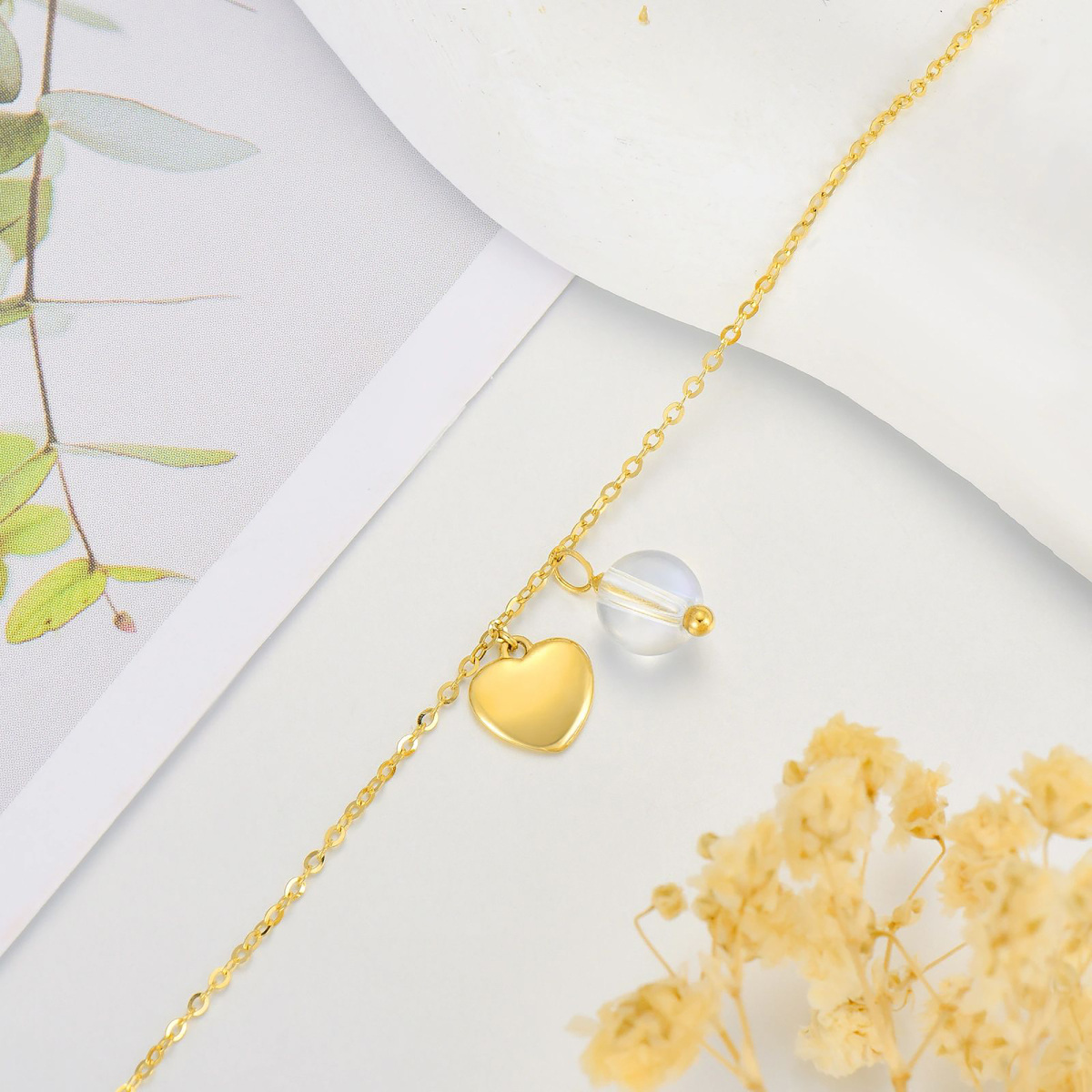 Bracelet de cheville en or 14 carats avec pierre de lune en forme de cœur, breloque simple couche, cadeau d'anniversaire pour femme-4