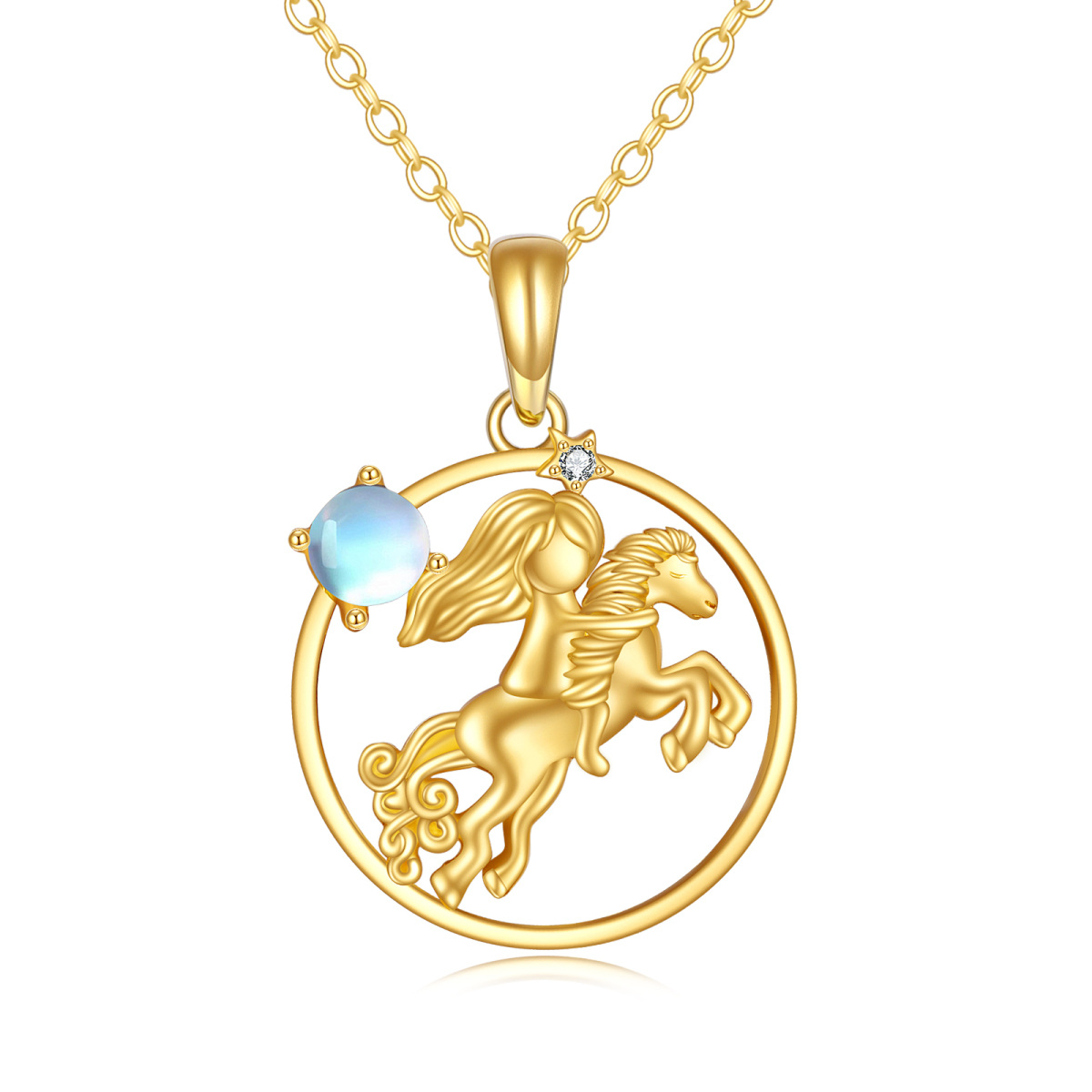 Collar con colgante de caballo y piedra lunar en oro de 14 quilates-1