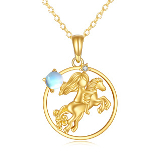 14K Gold Moonstone Horse &Girl Pendant Necklace-2
