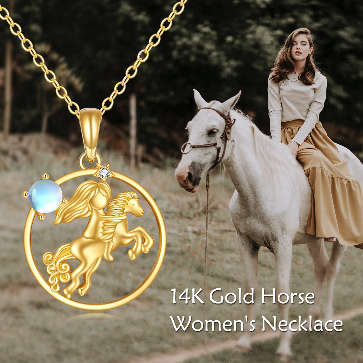Collar con colgante de caballo y piedra lunar en oro de 14 quilates-6