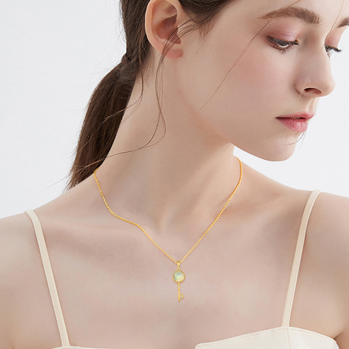14K Gold Cubic Zirconia & Moonstone Key Pendant Necklace-2