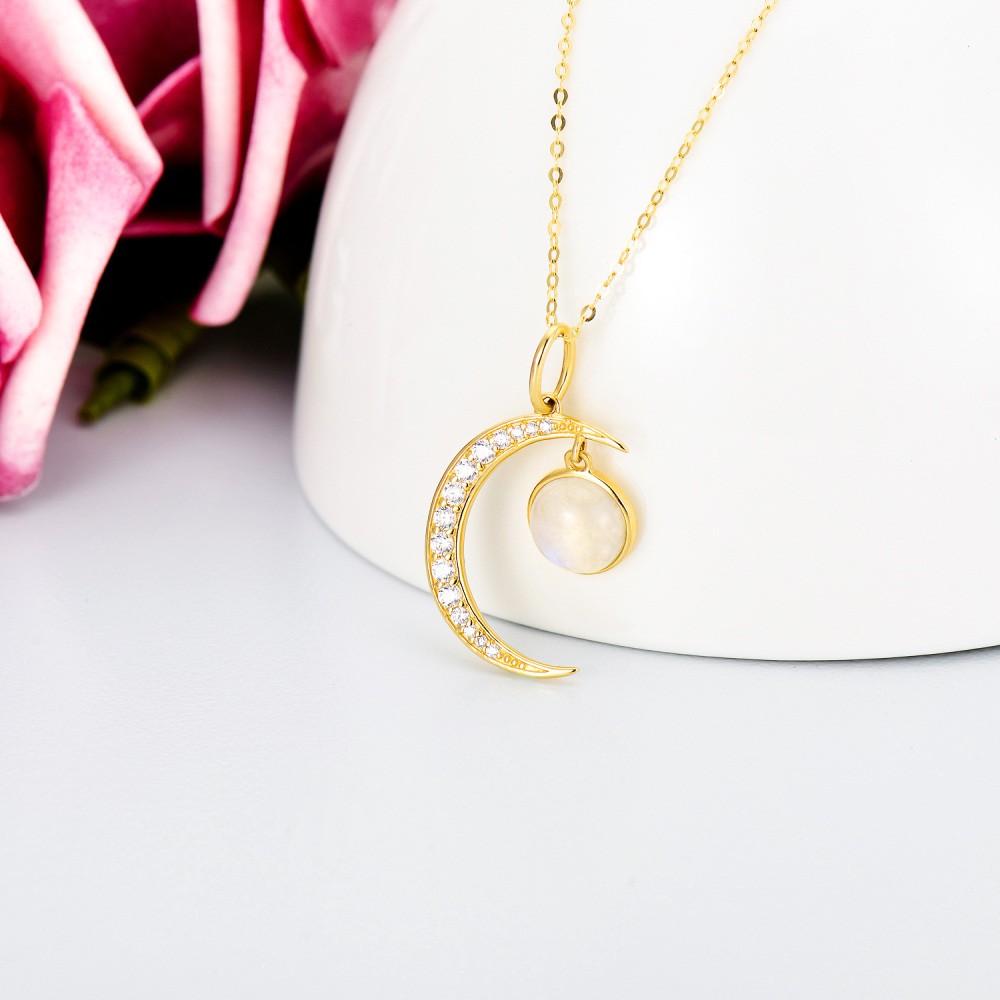 10K Gold Moonstone Moon Pendant Necklace-3