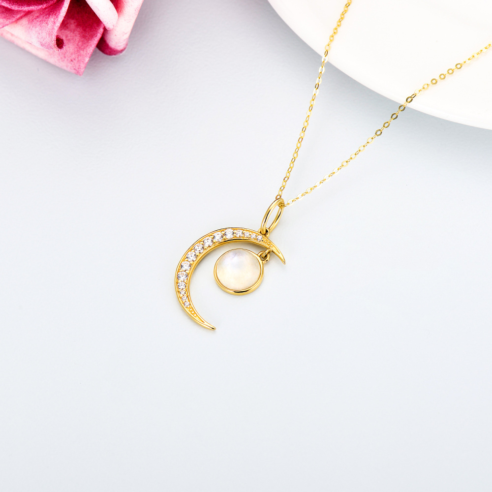 10K Gold Moonstone Moon Pendant Necklace-4