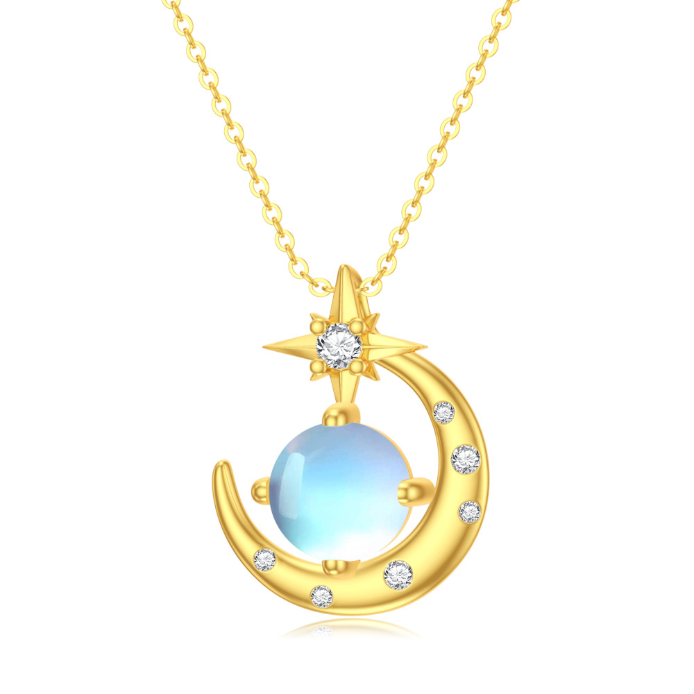10K Gold Cubic Zirconia Moonstone Moon And Star Pendant Necklace For Women-1