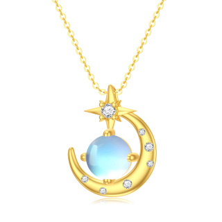 10K Gold Cubic Zirconia Moonstone Moon And Star Pendant Necklace For Women-16