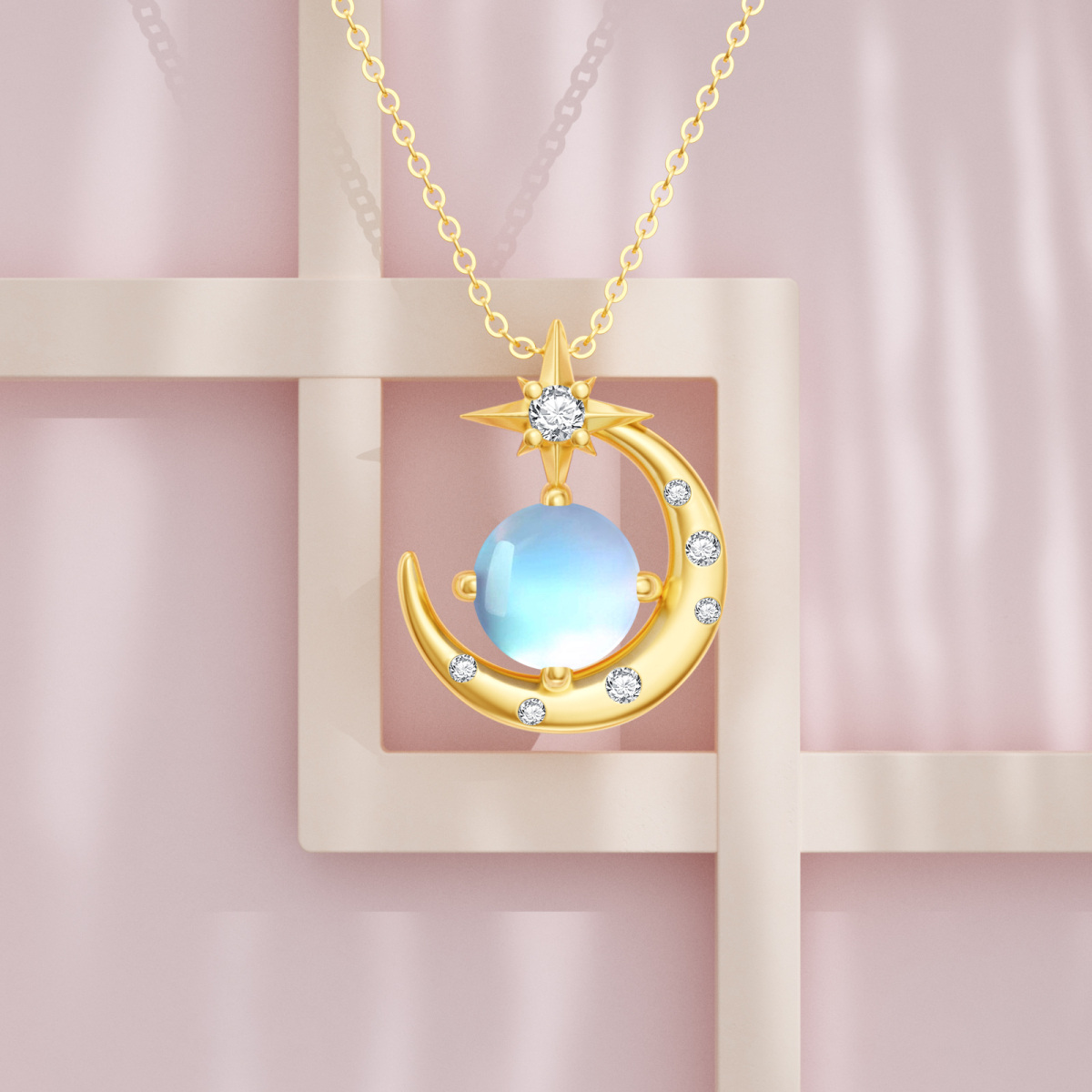 10K Gold Cubic Zirconia Moonstone Moon And Star Pendant Necklace For Women-3