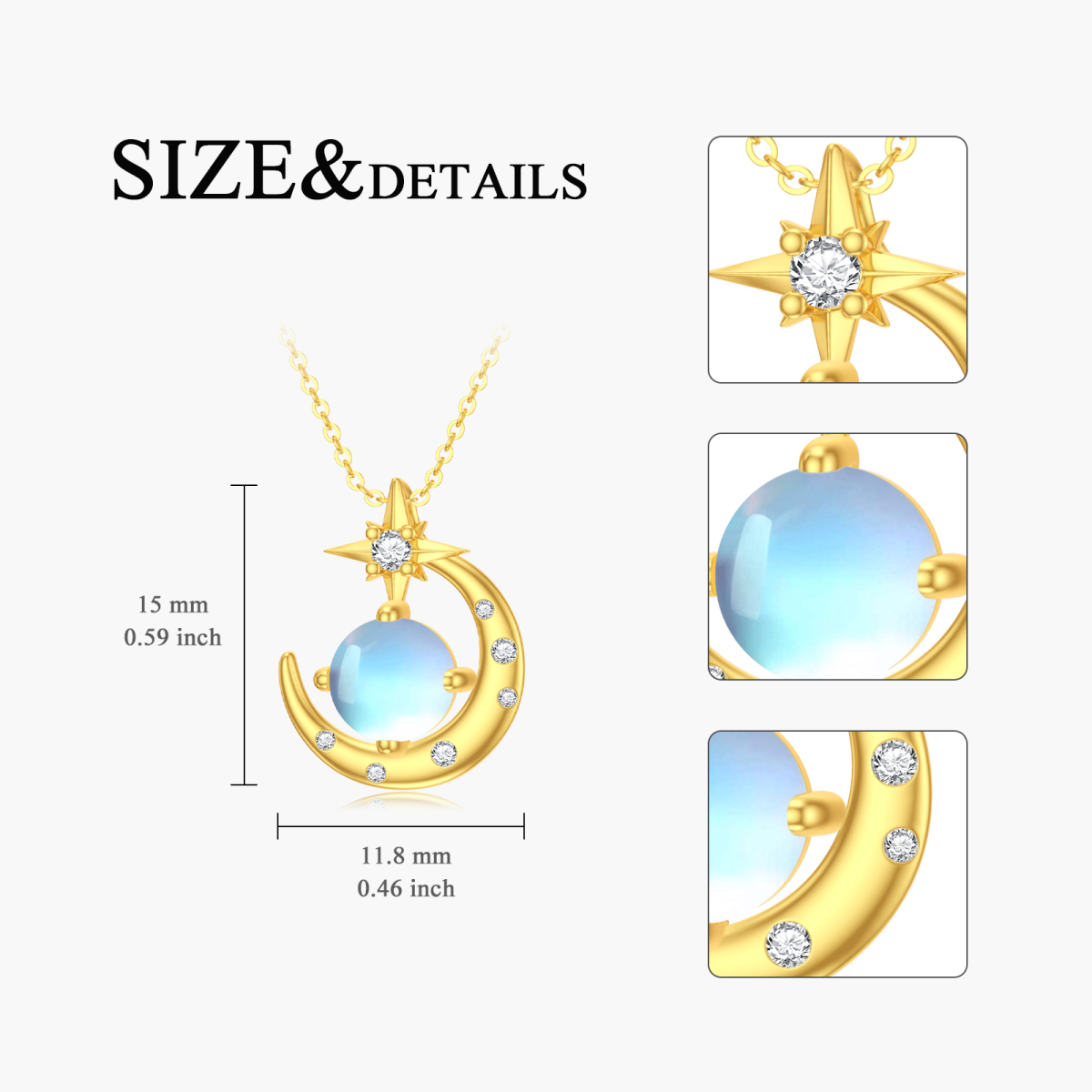 10K Gold Cubic Zirconia Moonstone Moon And Star Pendant Necklace For Women-5