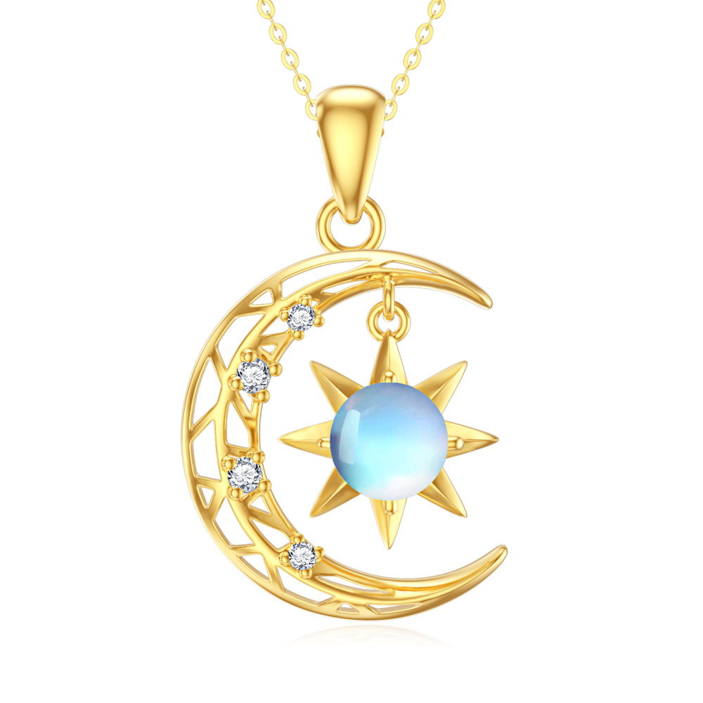 10K Gold Moonstone Moon & Sun Pendant Necklace-1