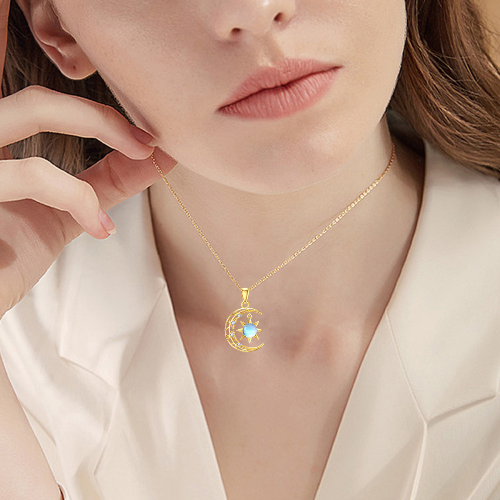 10K Gold Moonstone Moon & Sun Pendant Necklace-2