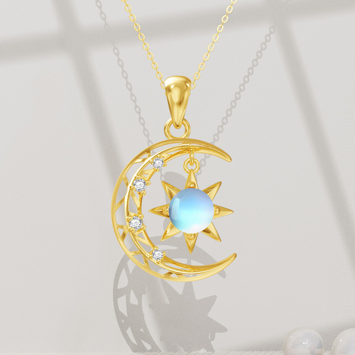 14K Gold Moonstone Moon & Sun Pendant Necklace-3