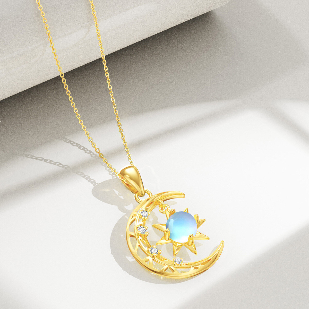 14K Gold Moonstone Moon & Sun Pendant Necklace-4